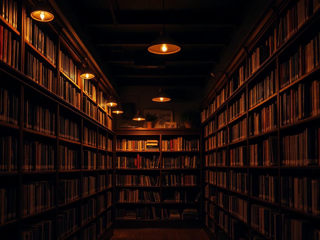 Independent bookstore interior with dark wood shelves and warm lamps