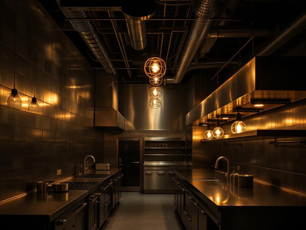 Commercial restaurant kitchen buildout with stainless steel line and warm pendant lighting