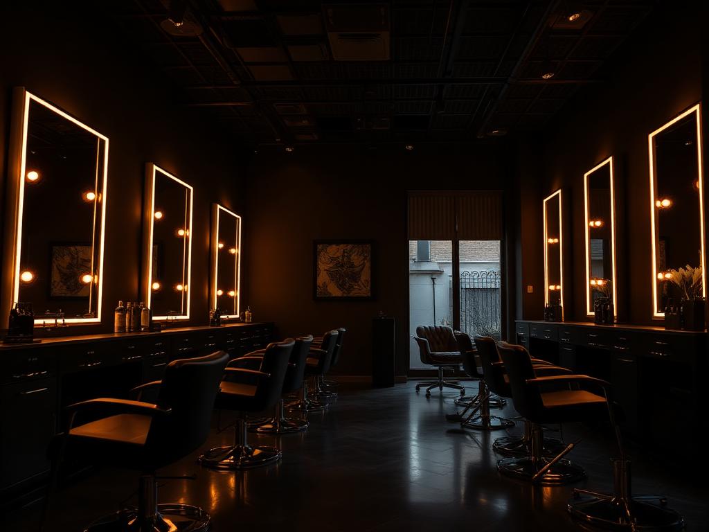 Upscale salon interior with backlit mirrors and styling chairs
