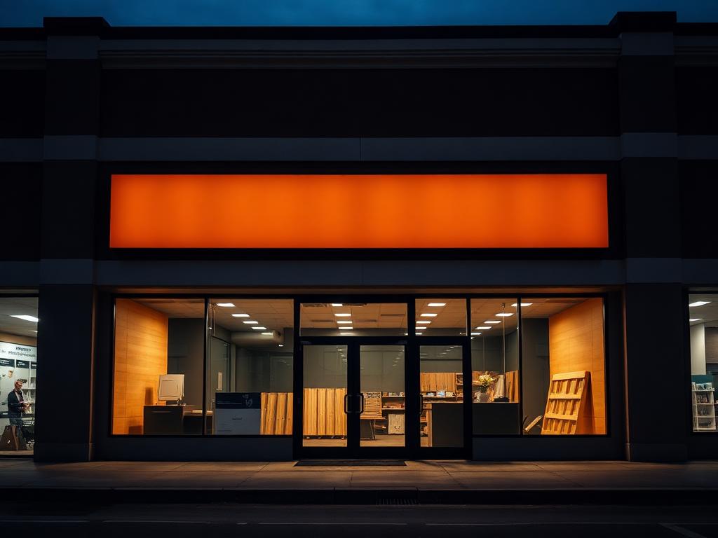 Strip-center storefront tenant improvement at dusk with new glass frontage